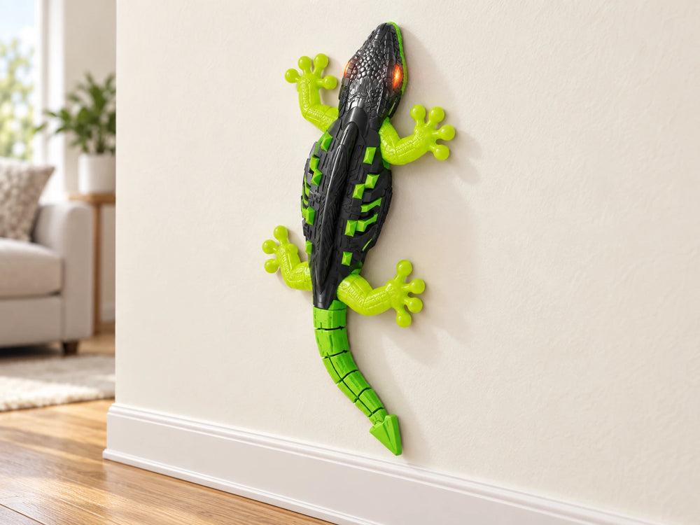 Black-and-green lizard in wall-climbing mode