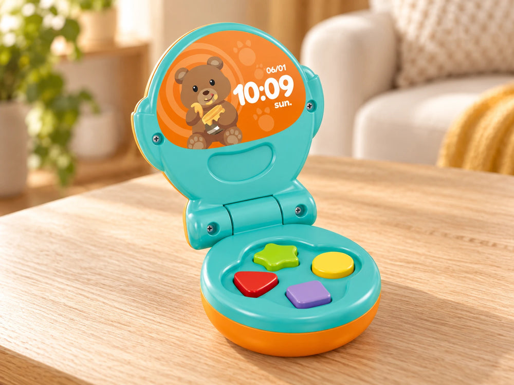 Open flip phone with bear picture and shaped buttons
