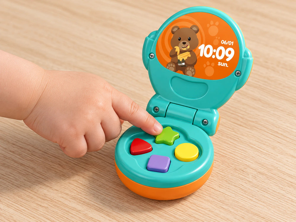 Press a colorful button for musical pretend play