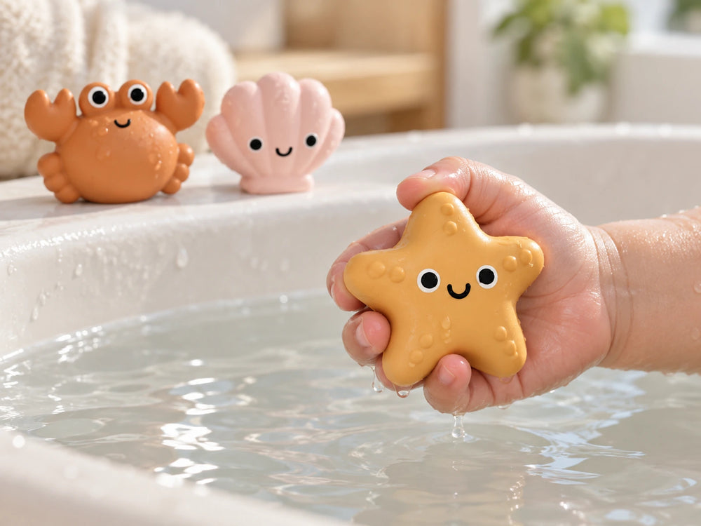 Little hands holding the starfish bath toy