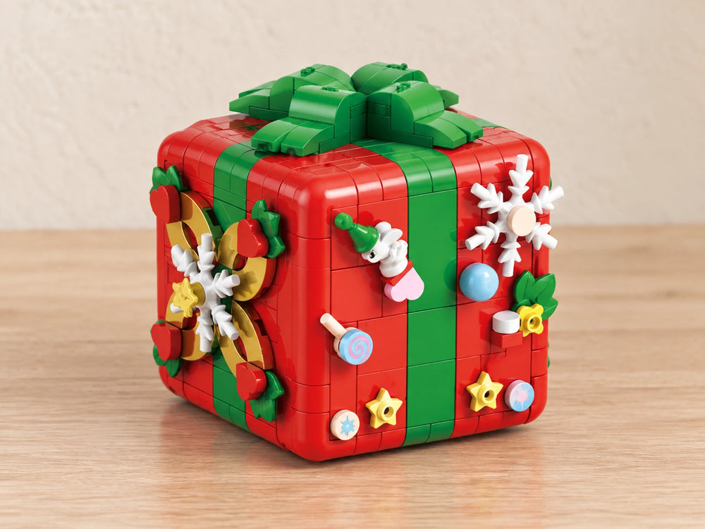 Closed Christmas gift box with festive brick decorations