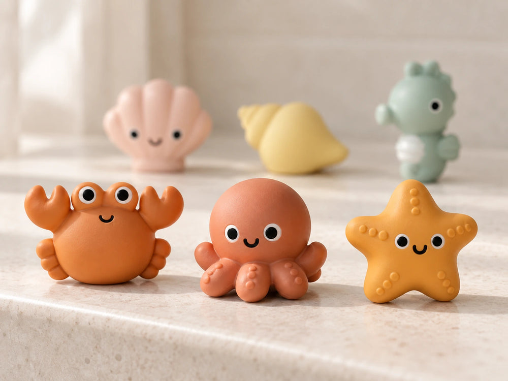 Raised textures on the six sea-themed toys