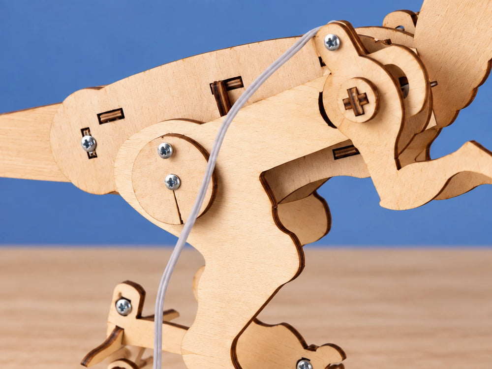 Visible wooden links and mechanical joints