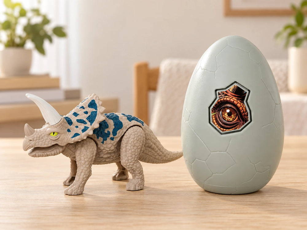Egg-shaped case and textured triceratops details