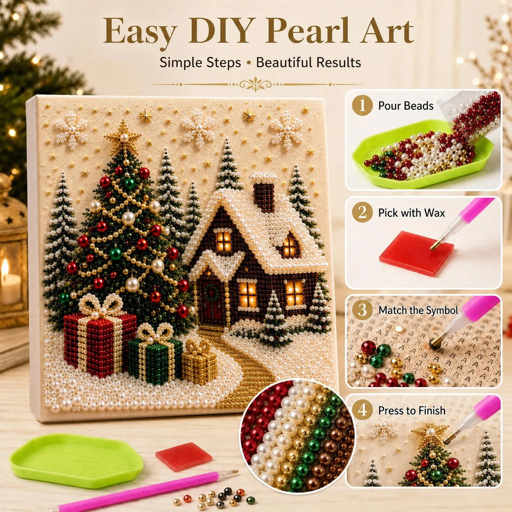 Close-up of christmas pearl diamond painting with dimensional gem details