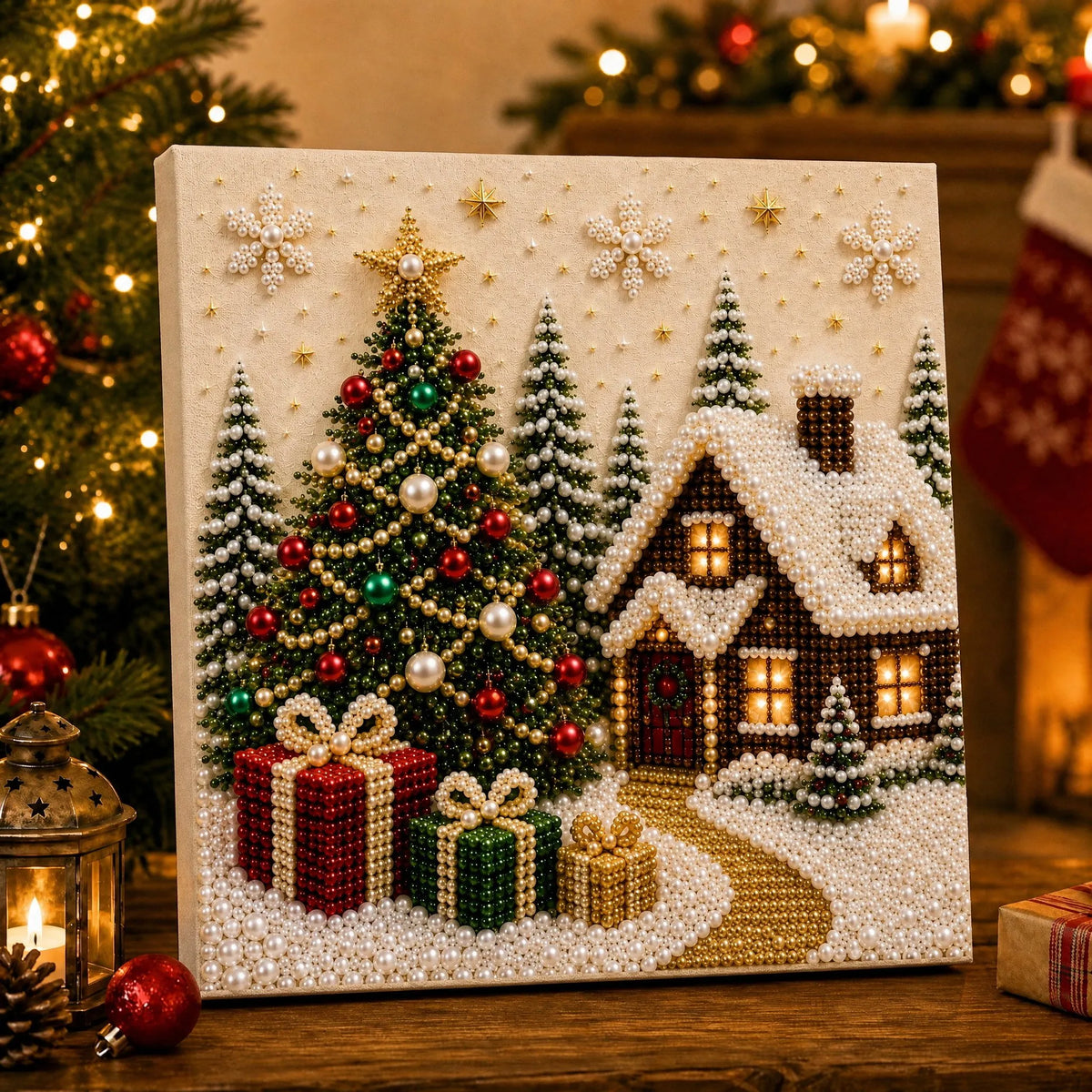 Christmas 馃巺 馃巹 Premium 3D Pearl Wall Art Kit | Luxury Flocked Canvas with Scratch-Resistant Non-Fading Pearl Beads Holiday Decor鉀勶笍鉂勶笍 pearl diamond painting kit with 3D gems 鈥 festive DIY craft