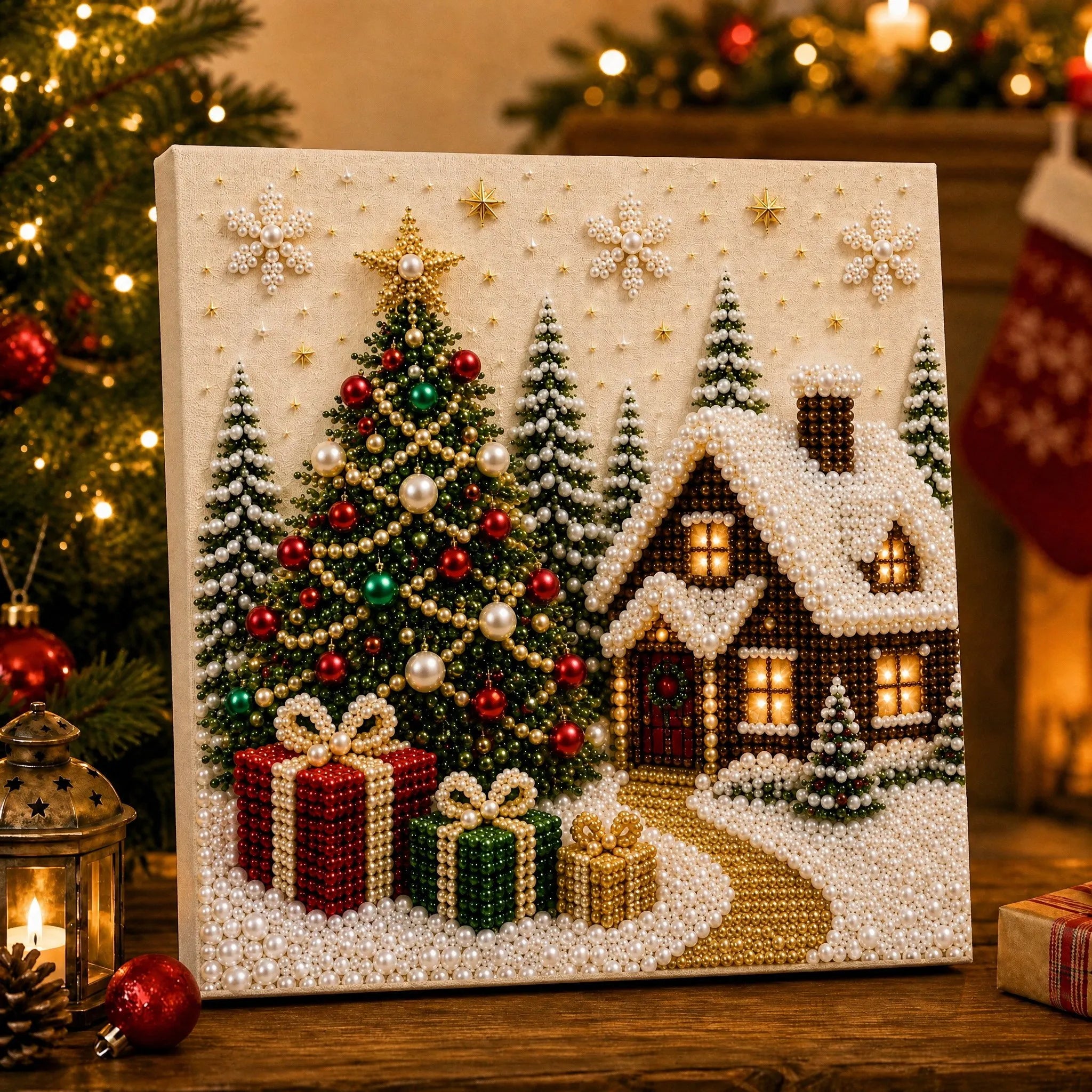Christmas 馃巺 馃巹 Premium 3D Pearl Wall Art Kit | Luxury Flocked Canvas with Scratch-Resistant Non-Fading Pearl Beads Holiday Decor鉀勶笍鉂勶笍 pearl diamond painting kit with 3D gems 鈥 festive DIY craft