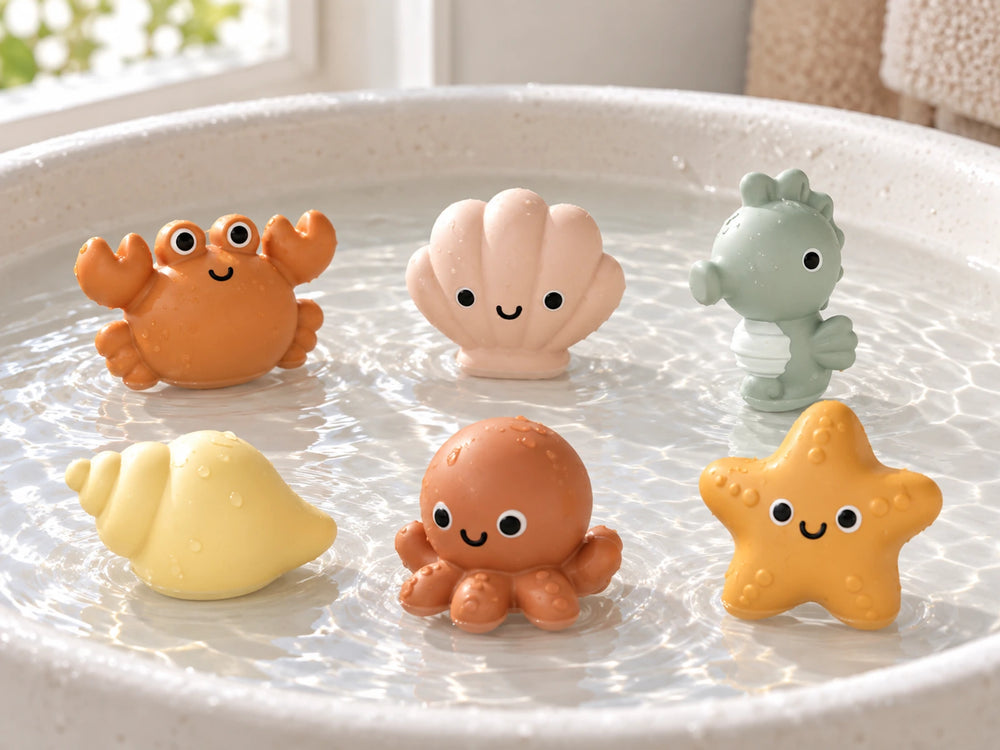 Six sea-themed bath toys with friendly faces