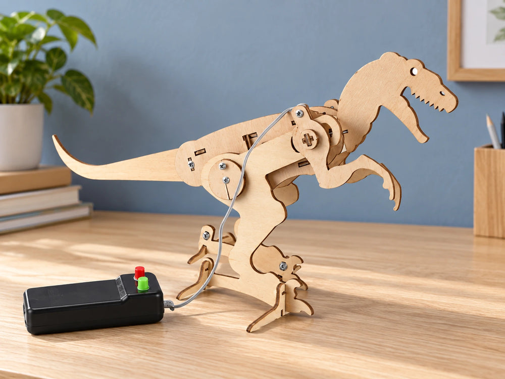 Assembled wooden T-Rex with a long tail