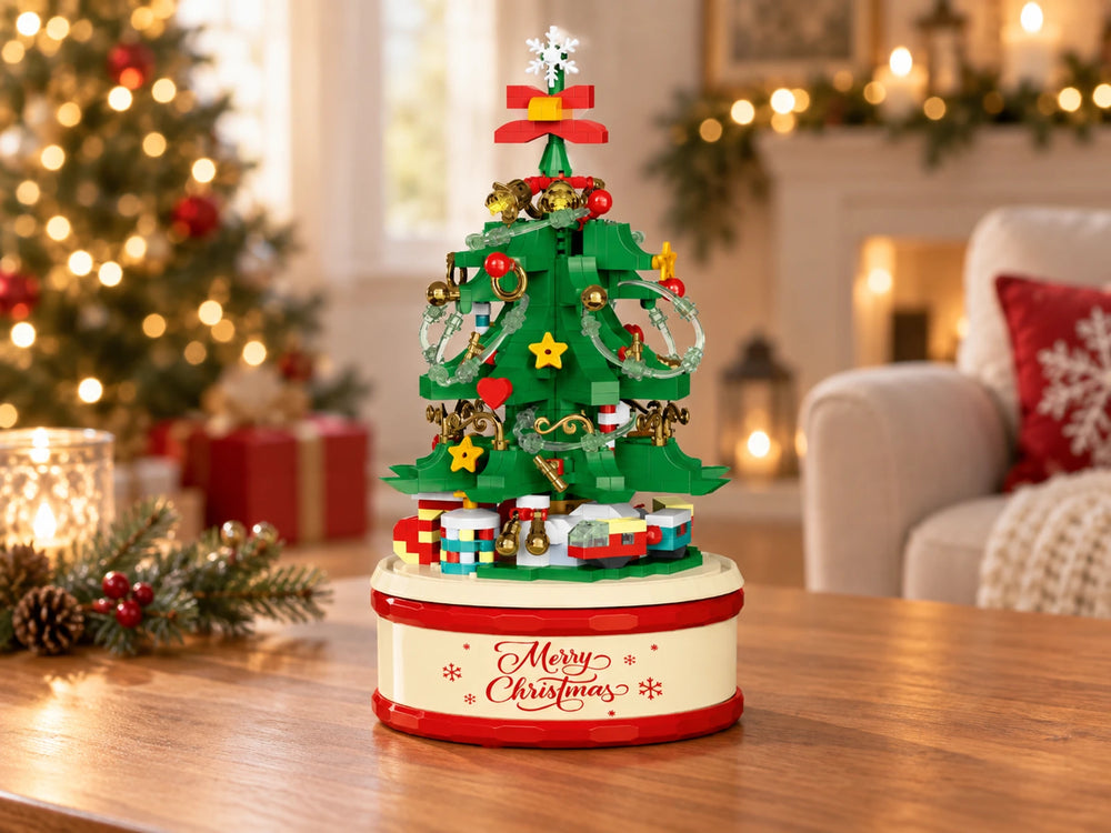 Decorated brick Christmas tree on its round base