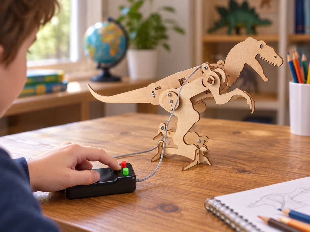Wired controller connected to the dinosaur model