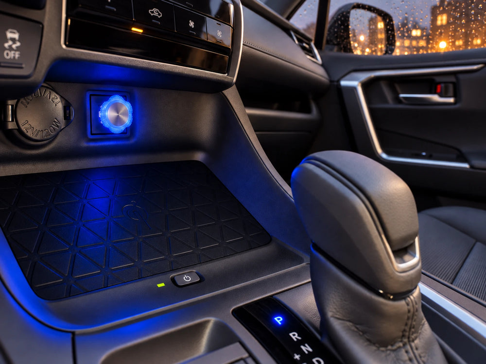 Blue floral light across the front console