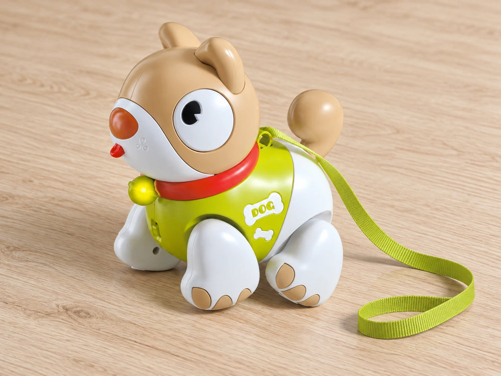 Rounded puppy body with colorful vest details