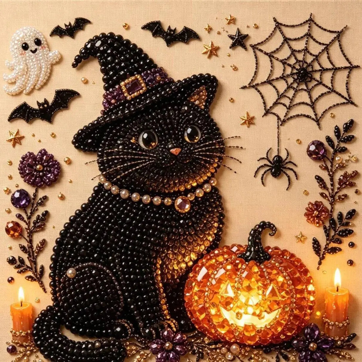 Black cat with spider web and pumpkin pearl diamond painting kit – spooky Halloween DIY craft