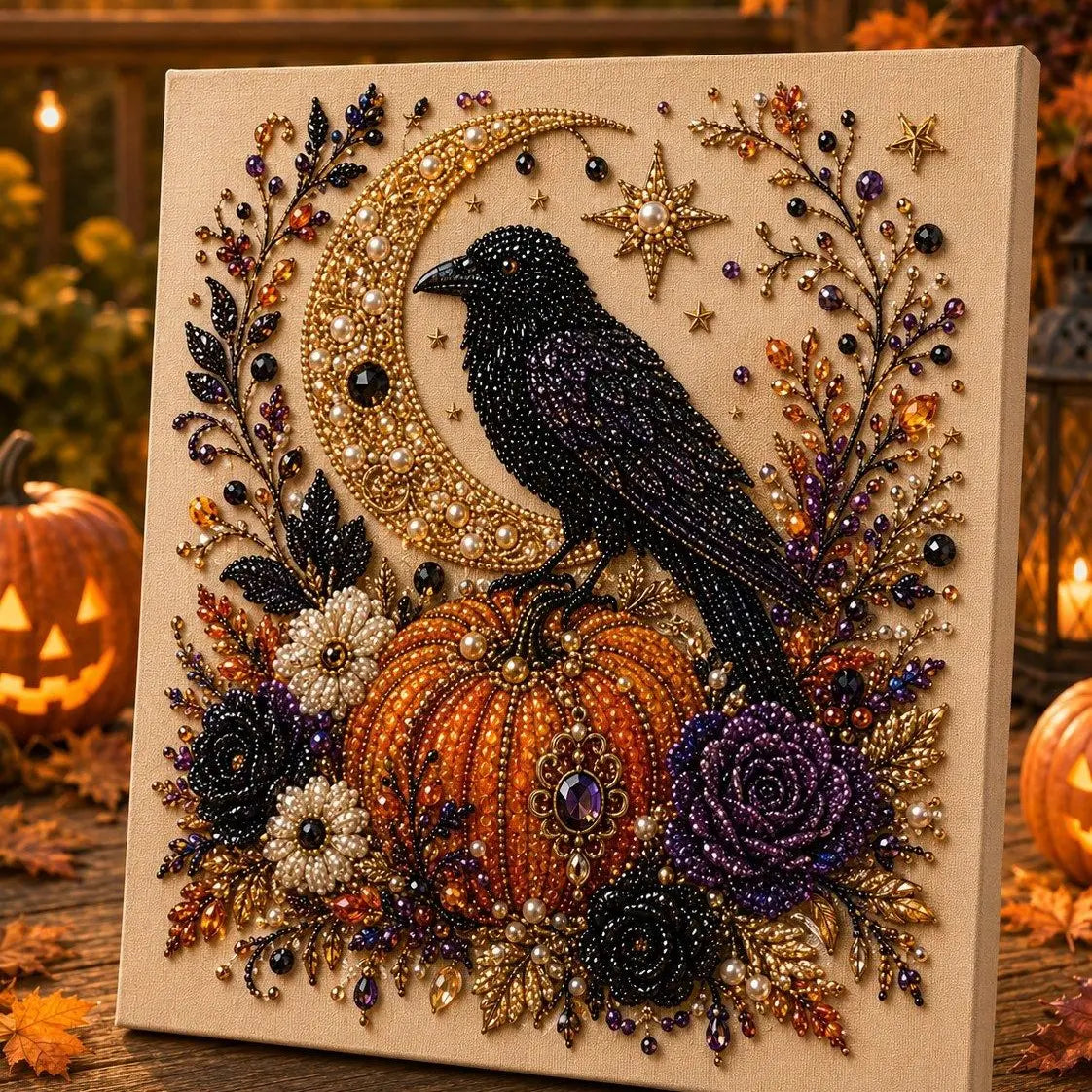 Crow with moon and pumpkin pearl diamond painting kit – Halloween 3D DIY art kit
