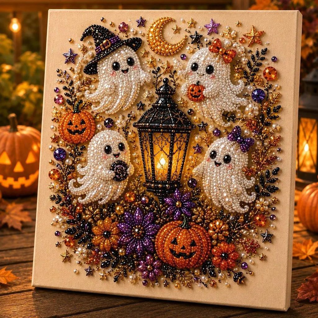 Haunted house with ghost lantern pearl diamond painting kit – Halloween DIY gem art for home decor