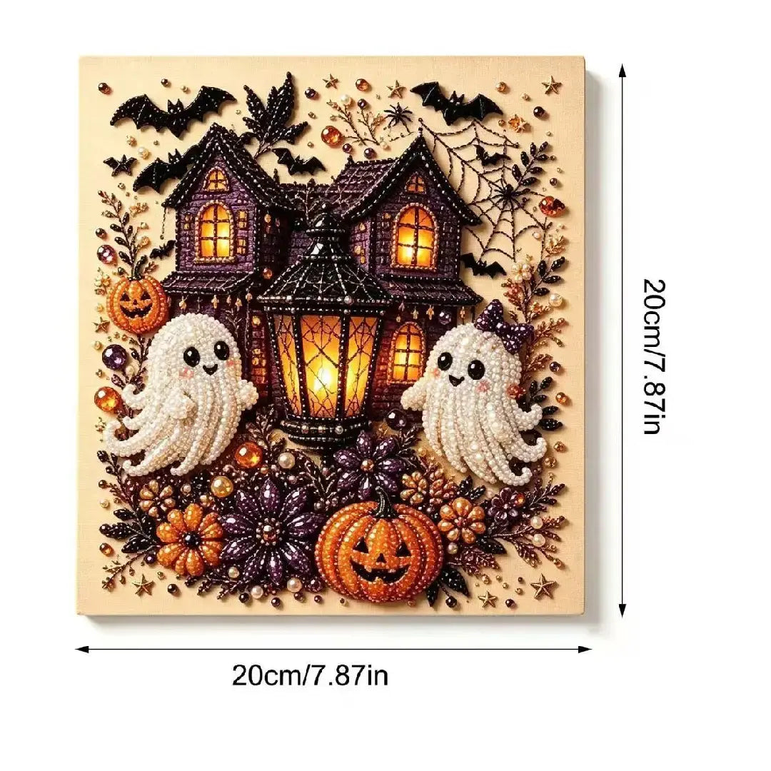 Halloween haunted house with ghost and pumpkin lantern pearl diamond painting kit – spooky DIY art