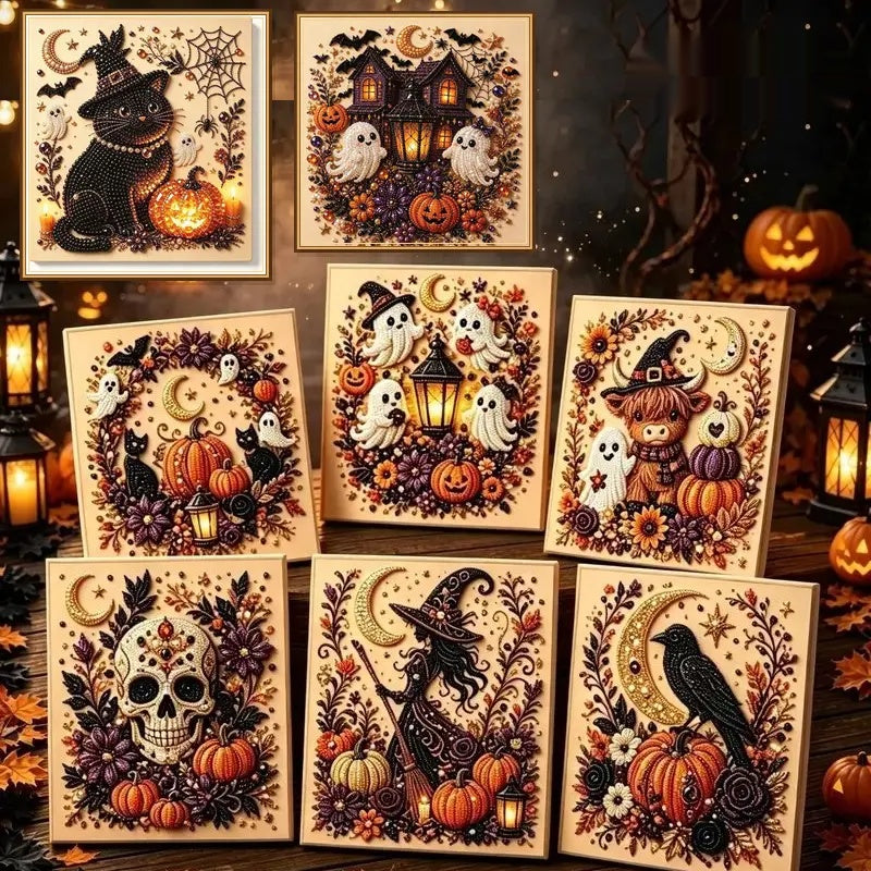Halloween haunted house with ghost and pumpkins pearl diamond painting kit – spooky DIY gem art