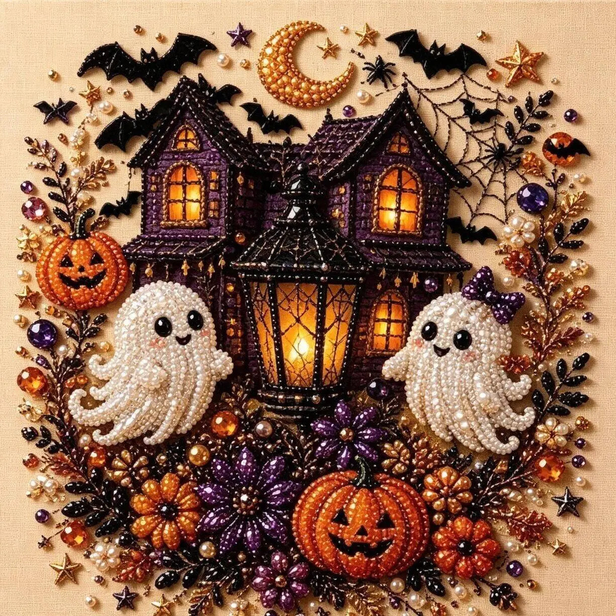 Haunted house with double ghosts and pumpkins pearl diamond painting kit – Halloween DIY art