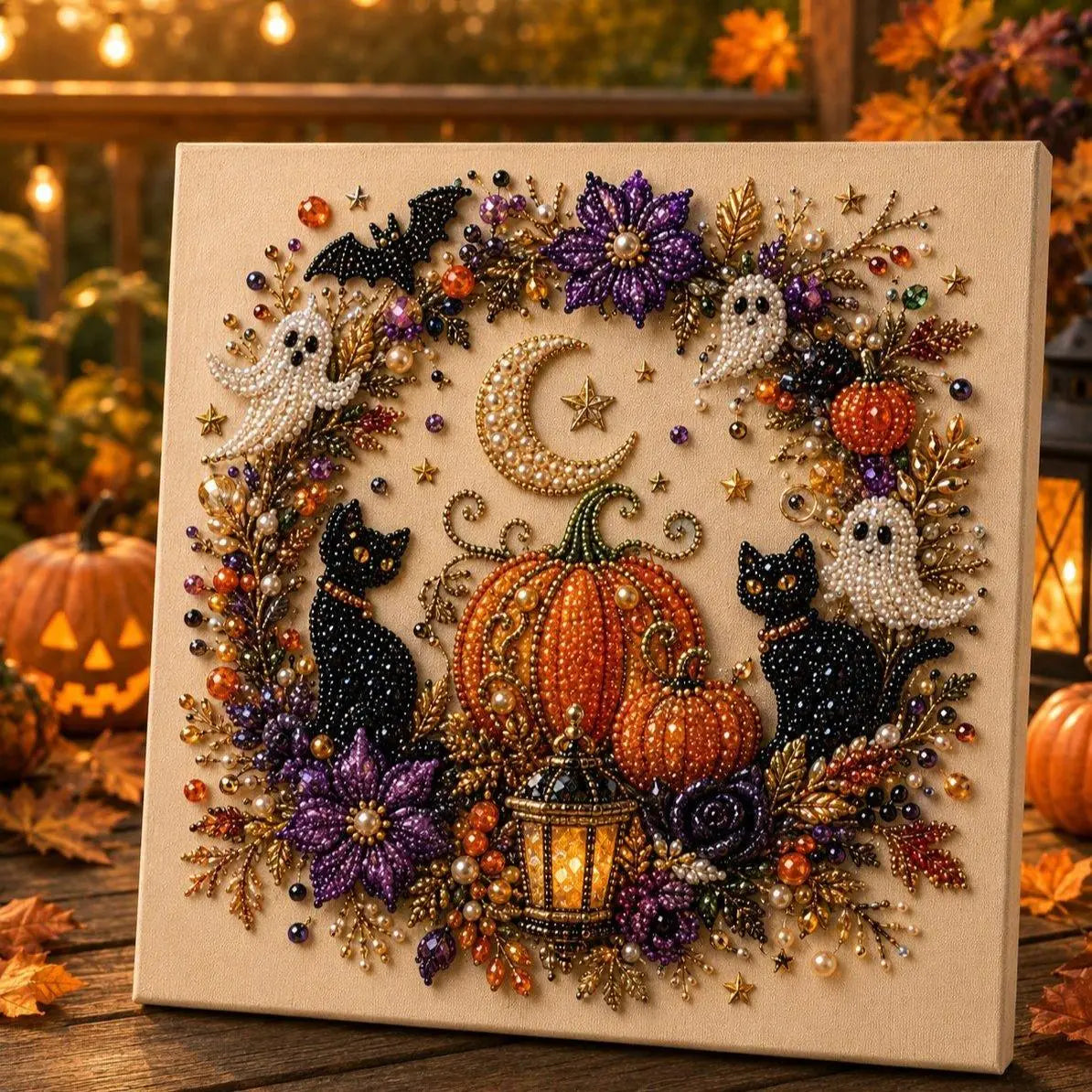 Pumpkin wreath with black cat and ghost pearl diamond painting kit – spooky fall DIY art