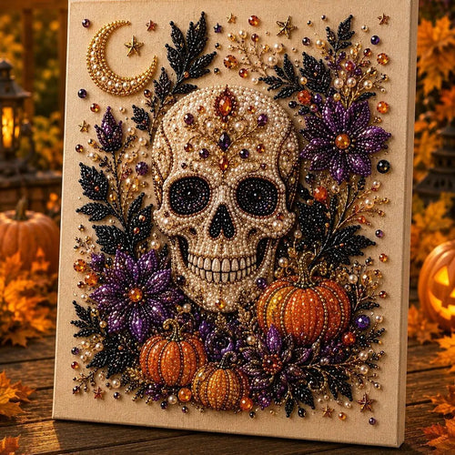Skull and pumpkin floral pearl diamond painting kit – Halloween 3D DIY craft for home decor