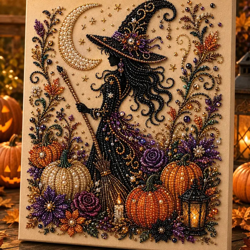 Halloween witch with moon and pumpkins pearl diamond painting kit – spooky 3D DIY craft