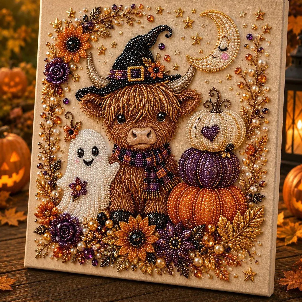 Witch and teddy bear pumpkin pearl diamond painting kit – cute Halloween 3D DIY craft