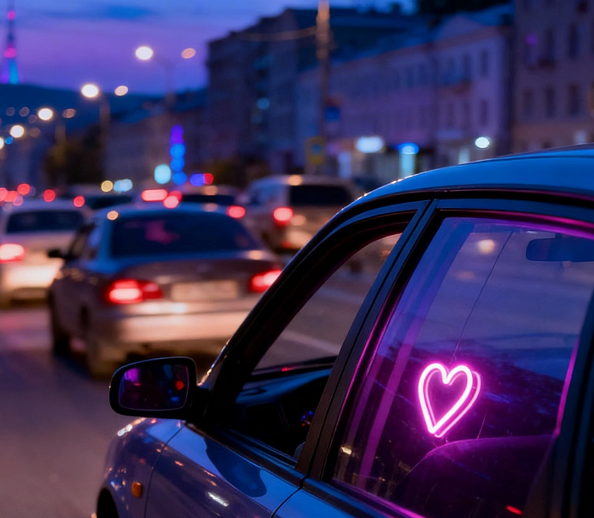 pink led heart light on car window
