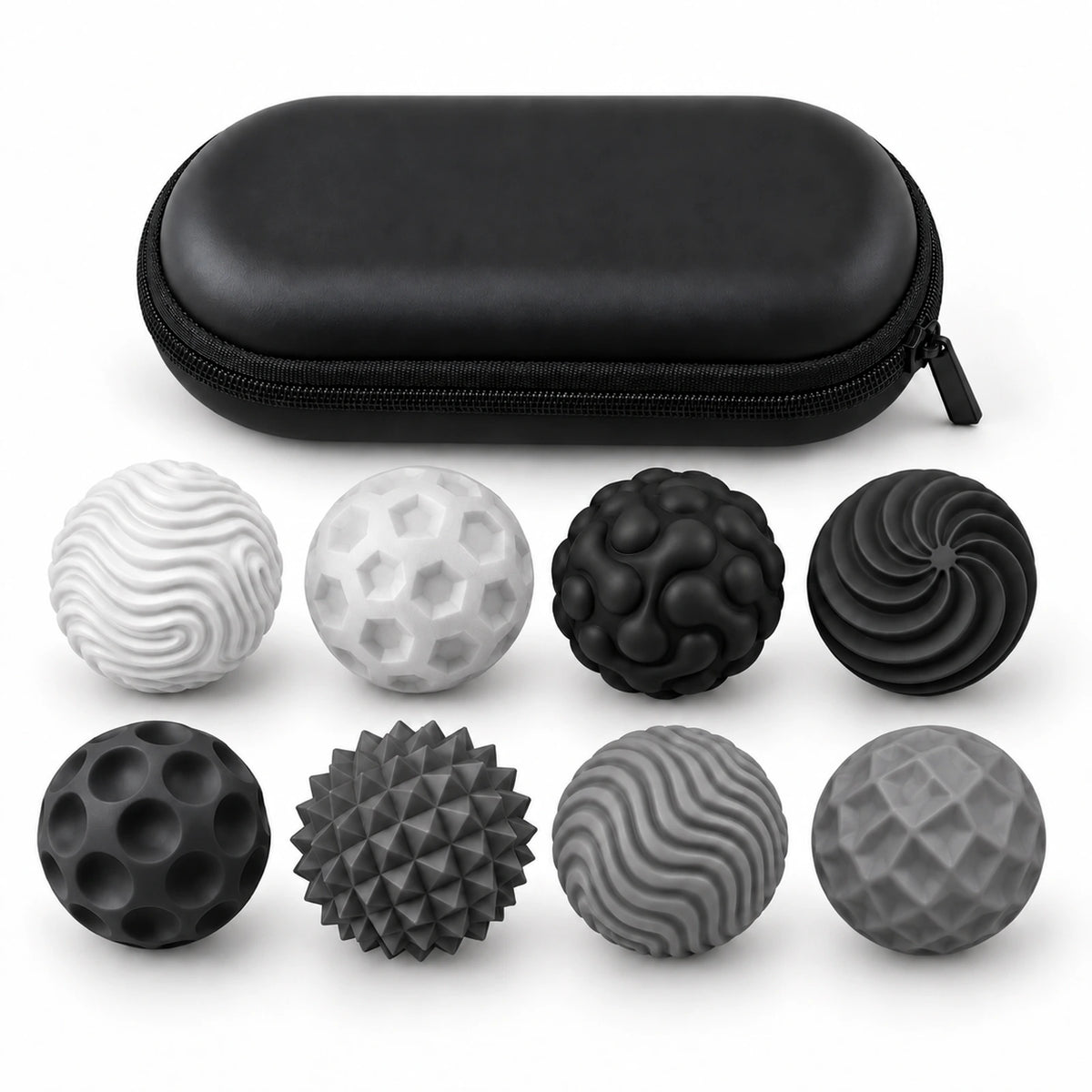 Black: 8 textured magnetic fidget balls with a black storage case
