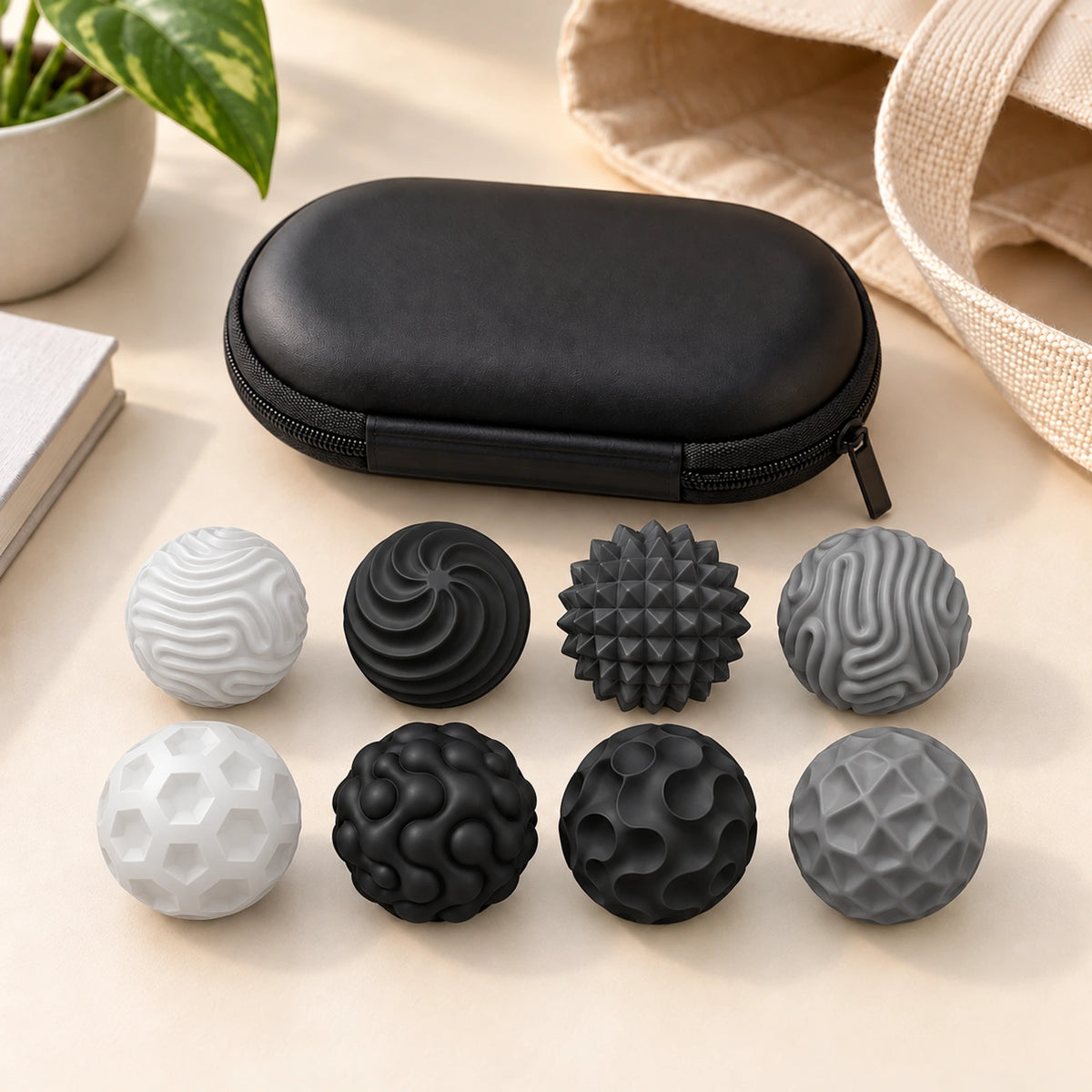 Black: Eight magnetic fidget balls with a storage case beside a tote bag