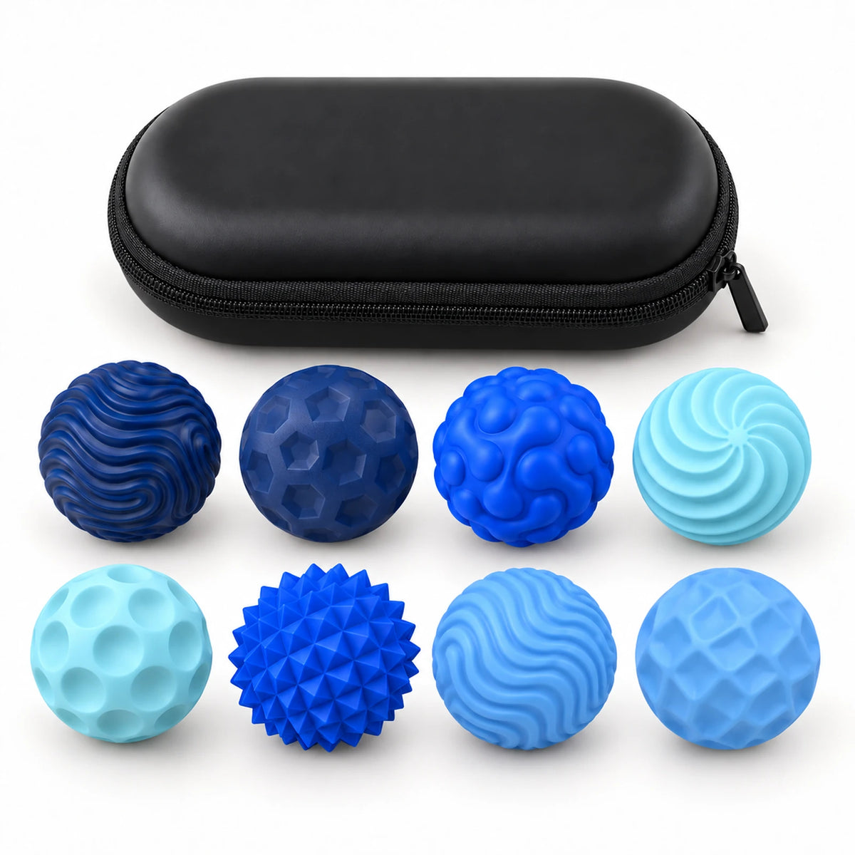 Blue: 8 textured magnetic fidget balls with a black storage case
