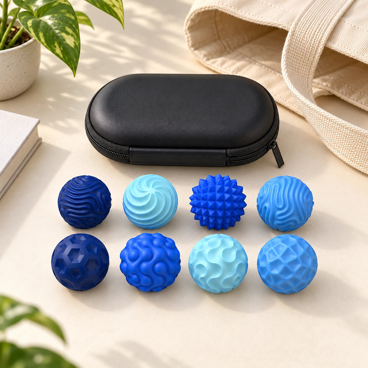 Blue: Eight magnetic fidget balls with a storage case beside a tote bag
