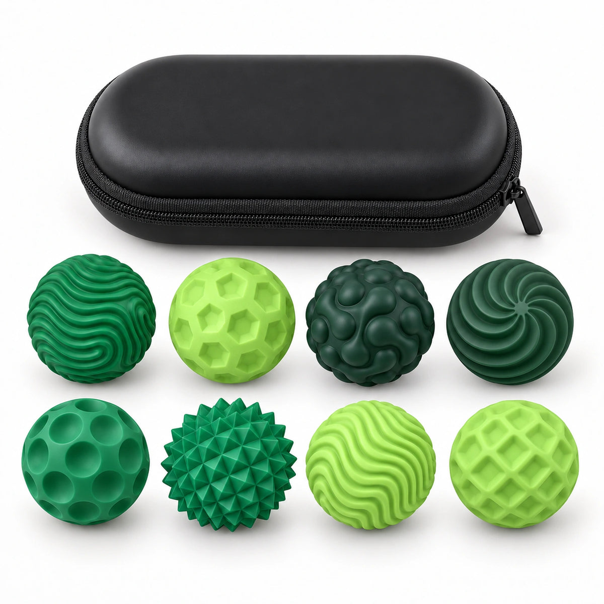 Green: 8 textured magnetic fidget balls with a black storage case